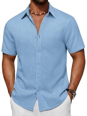 Men's Blue Short Sleeve Button Down Cotton Linen Beach Shirt Pocket